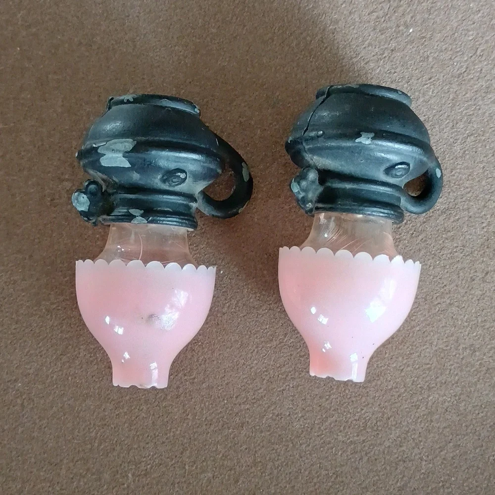 Vintage Metal Cast Iron Oil Lamp Salt and Pepper Shakers Pink Blue Flower